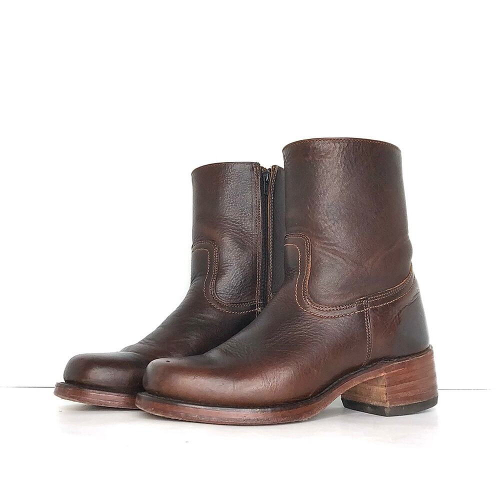 Frye Campus Short Brown Square Toe Zip Heeled Platform Ankle Boots Women’s 8.5